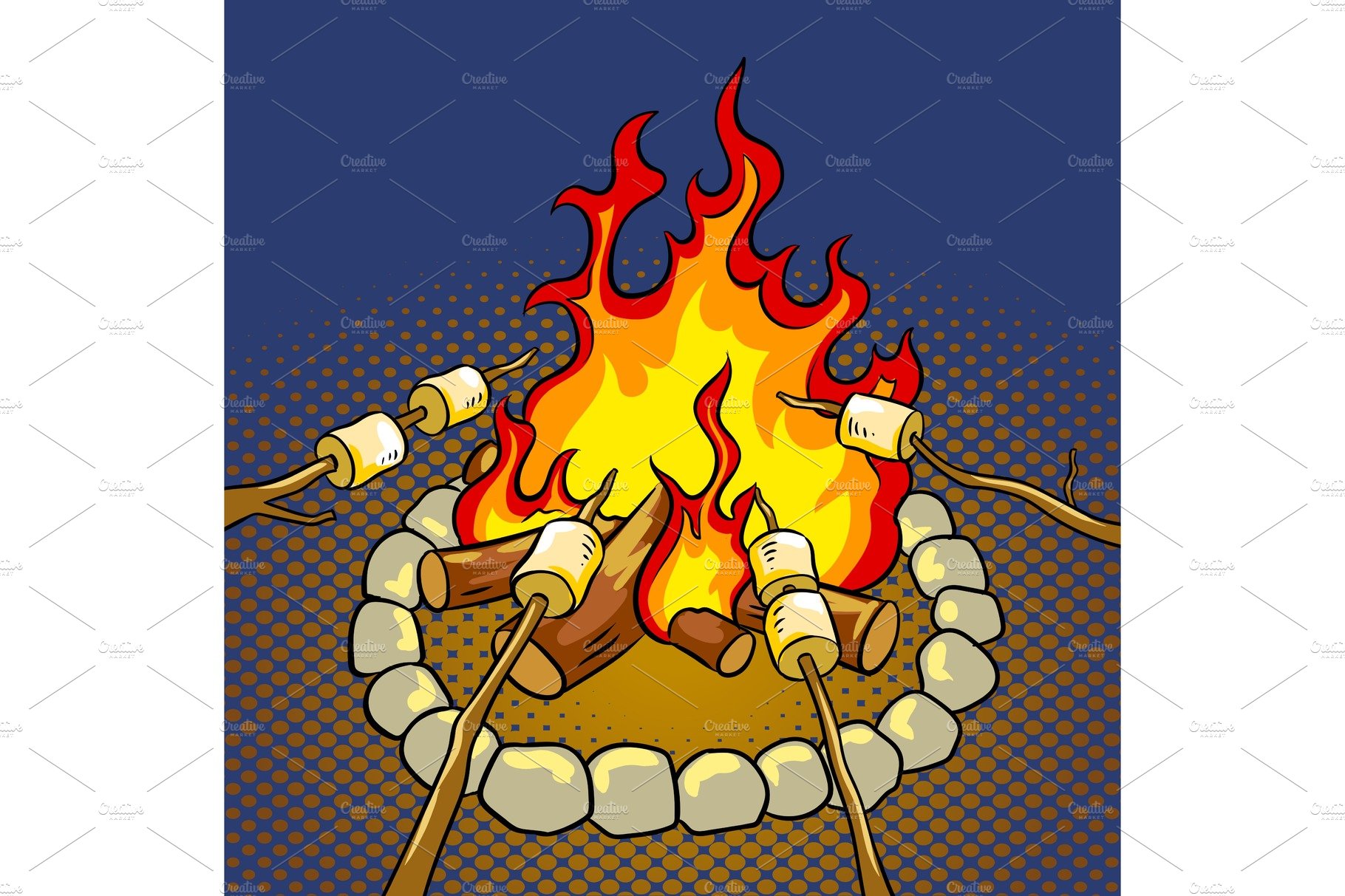 Marshmallow on bonfire pop art vector illustration cover image.