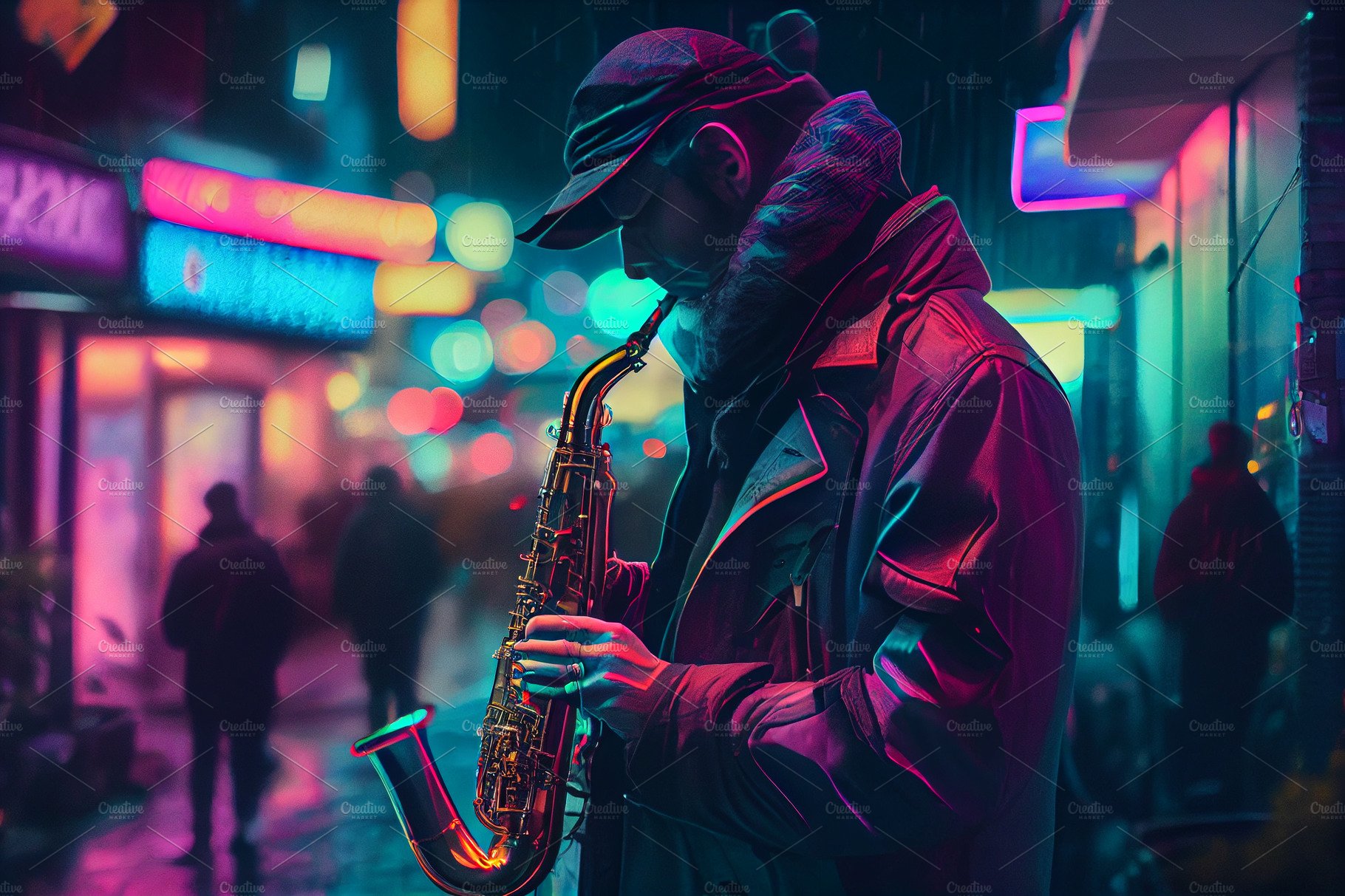 Street musician playing saxophone in the evening street with neon lights ba... cover image.