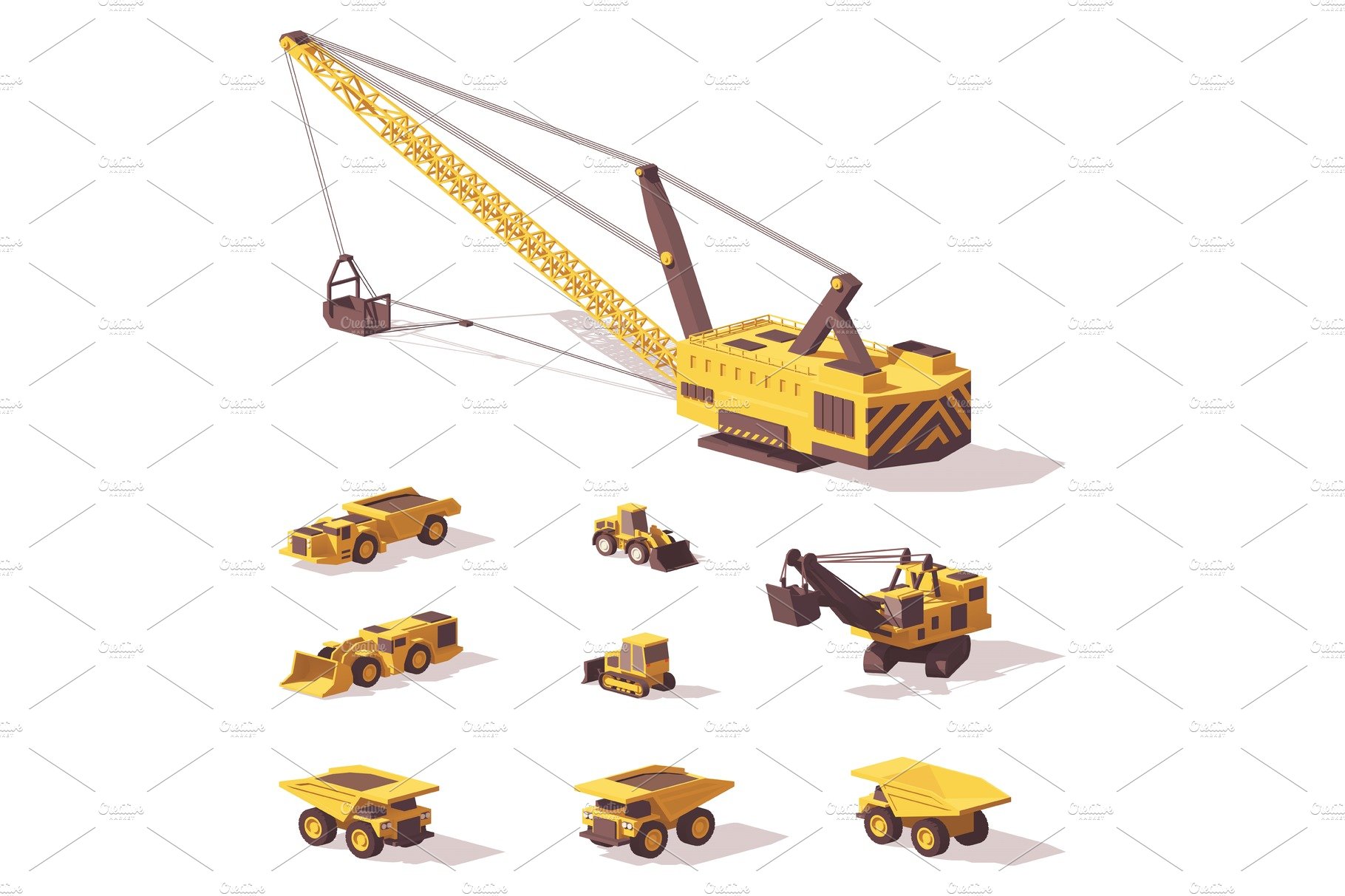 Vector low poly mining machines cover image.