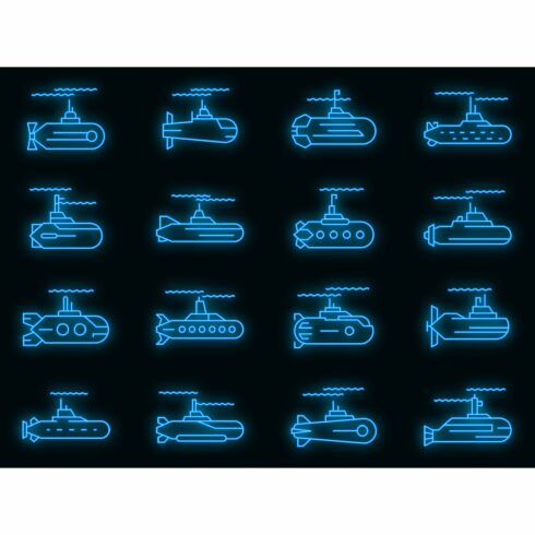 Submarine icons set vector neon cover image.