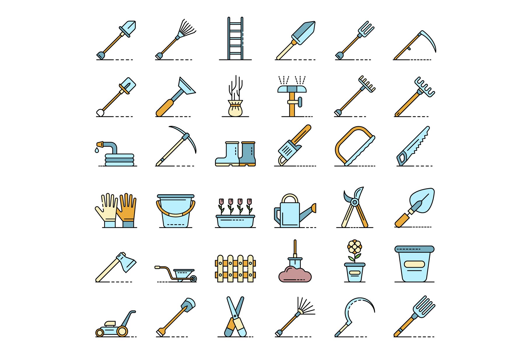 Gardening tools icons set line color cover image.