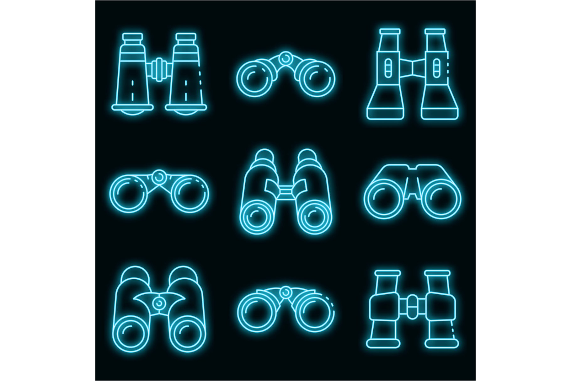 Binoculars icons set vector neon cover image.