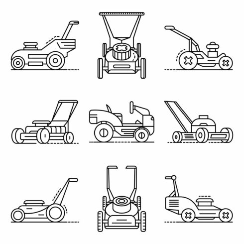 Lawnmower icon set, outline style cover image.