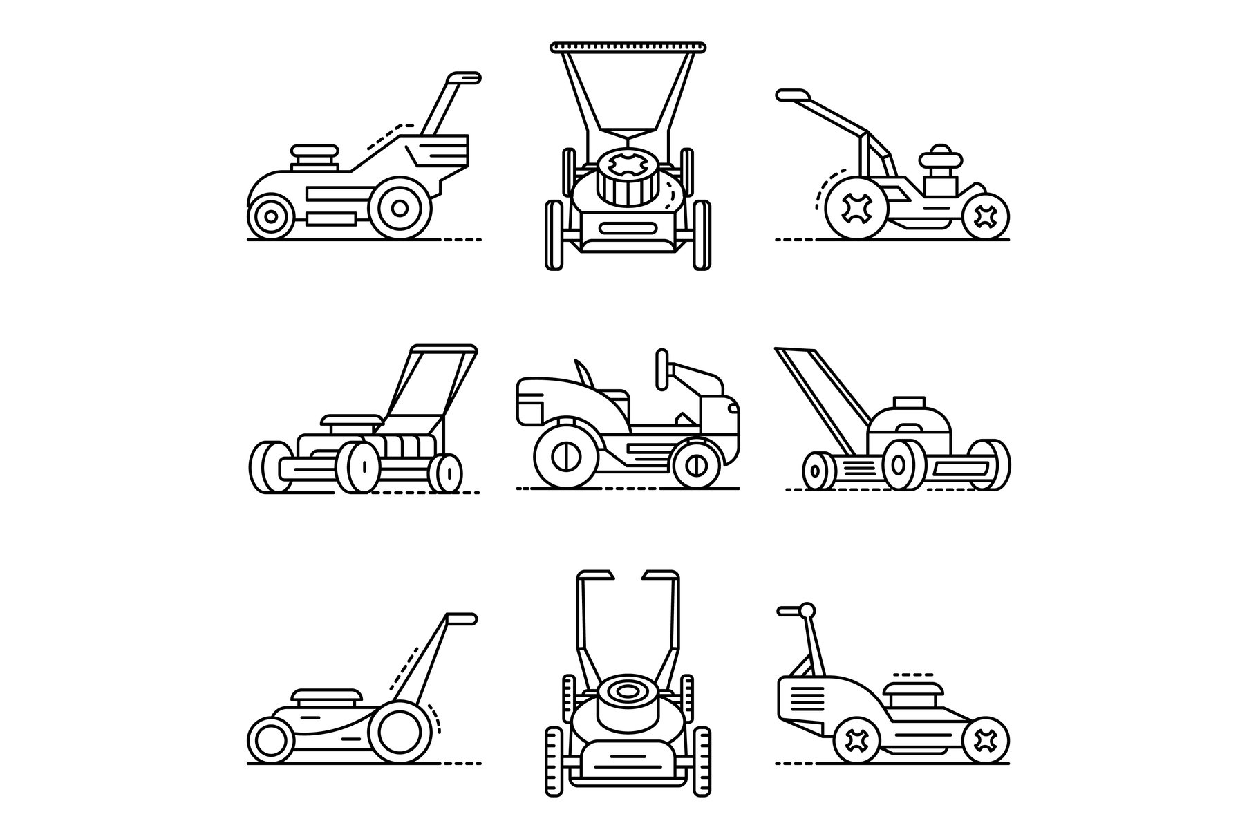 Lawnmower icon set, outline style cover image.