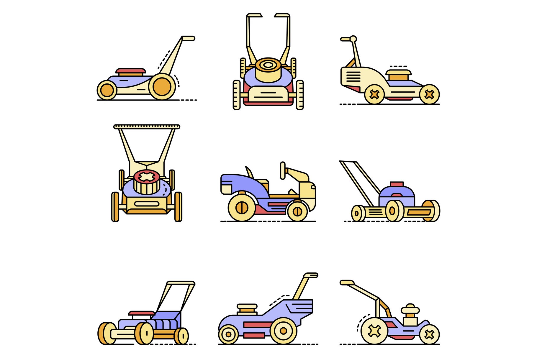 Lawnmower icon set line color vector cover image.