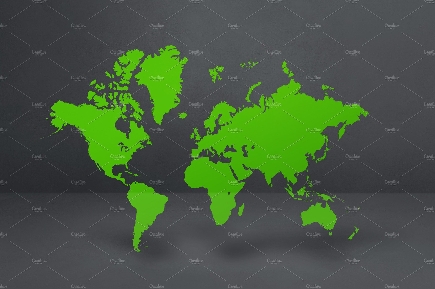 Green world map on black concrete wall background. 3D illustrati cover image.