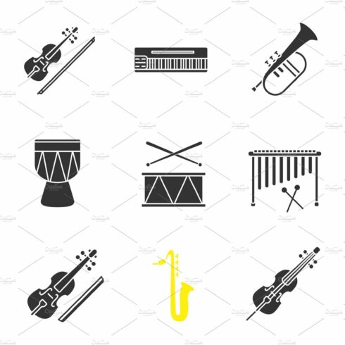 Musical instruments glyph icons set cover image.