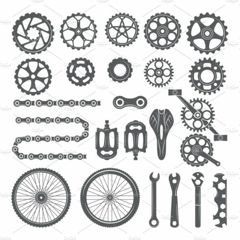 Gears, chains, wheels and other different parts of bicycle cover image.