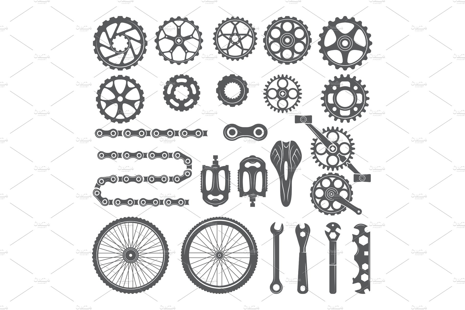 Gears, chains, wheels and other different parts of bicycle cover image.