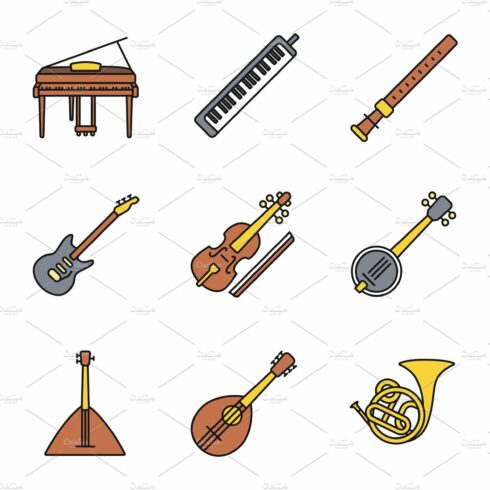 Musical instruments color icons set cover image.