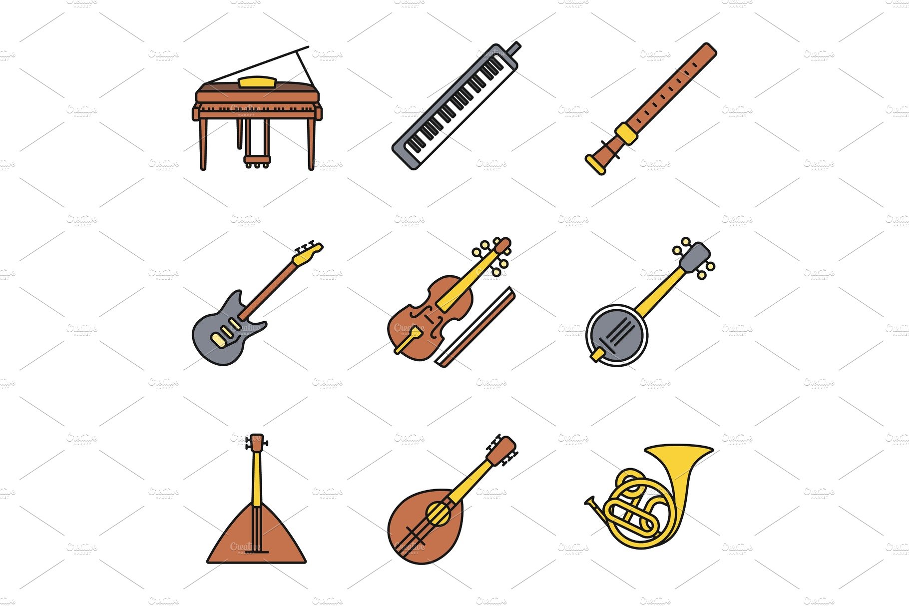 Musical instruments color icons set cover image.