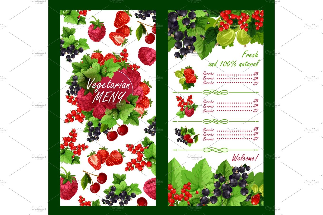 Vector price list for fresh garden berries market cover image.