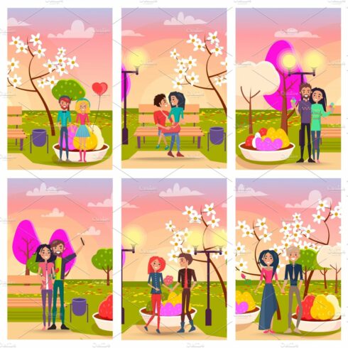 Couples on Dates in Park at Sunset Illustrations cover image.