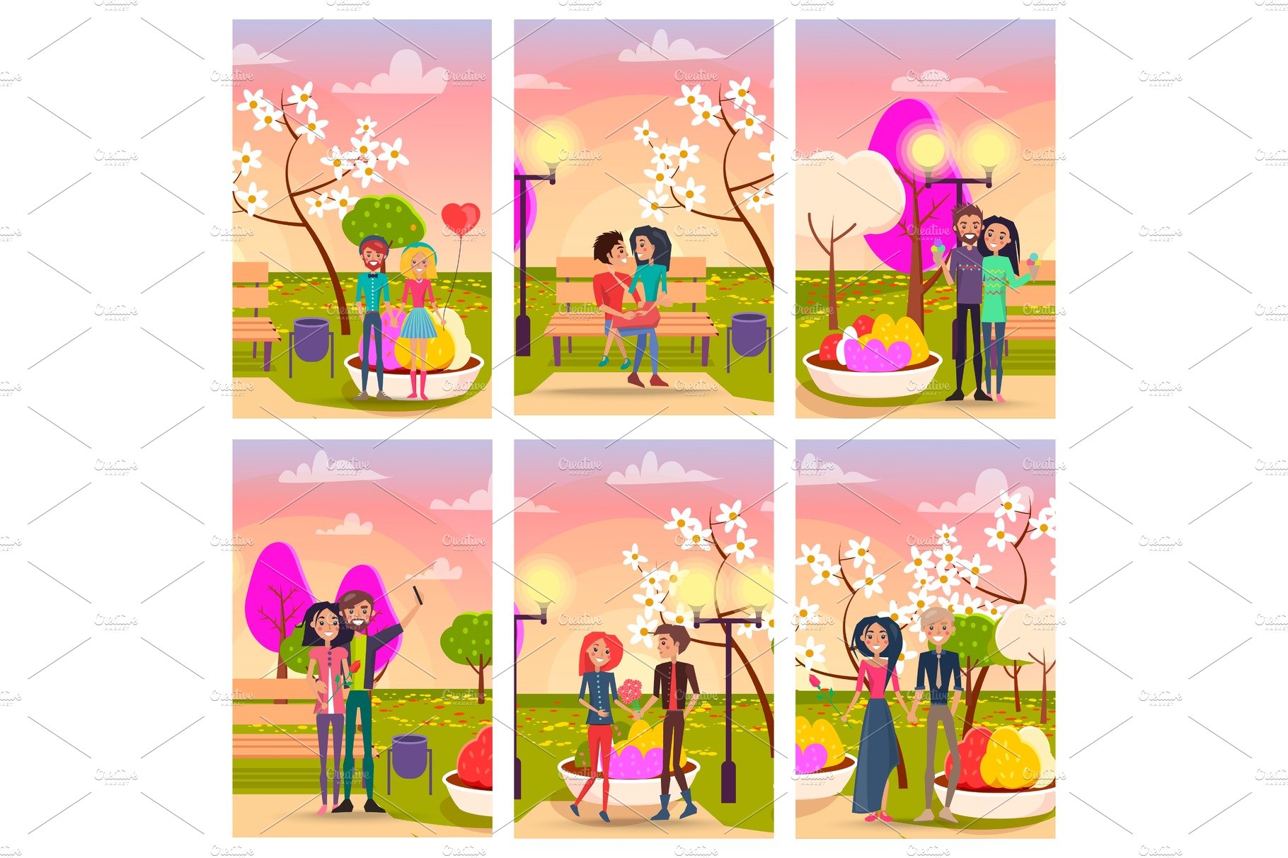 Couples on Dates in Park at Sunset Illustrations cover image.