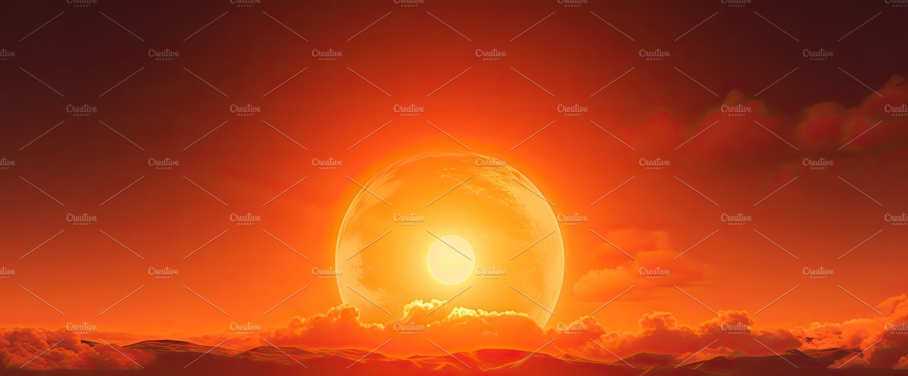 Hot sunset with a red sun on the background in the summer. Generative AI cover image.