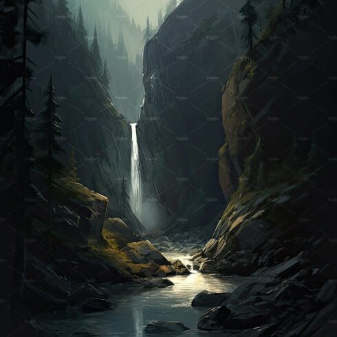 Beautiful vertical landscape with tall mountains, waterfall and a river. Ge... cover image.