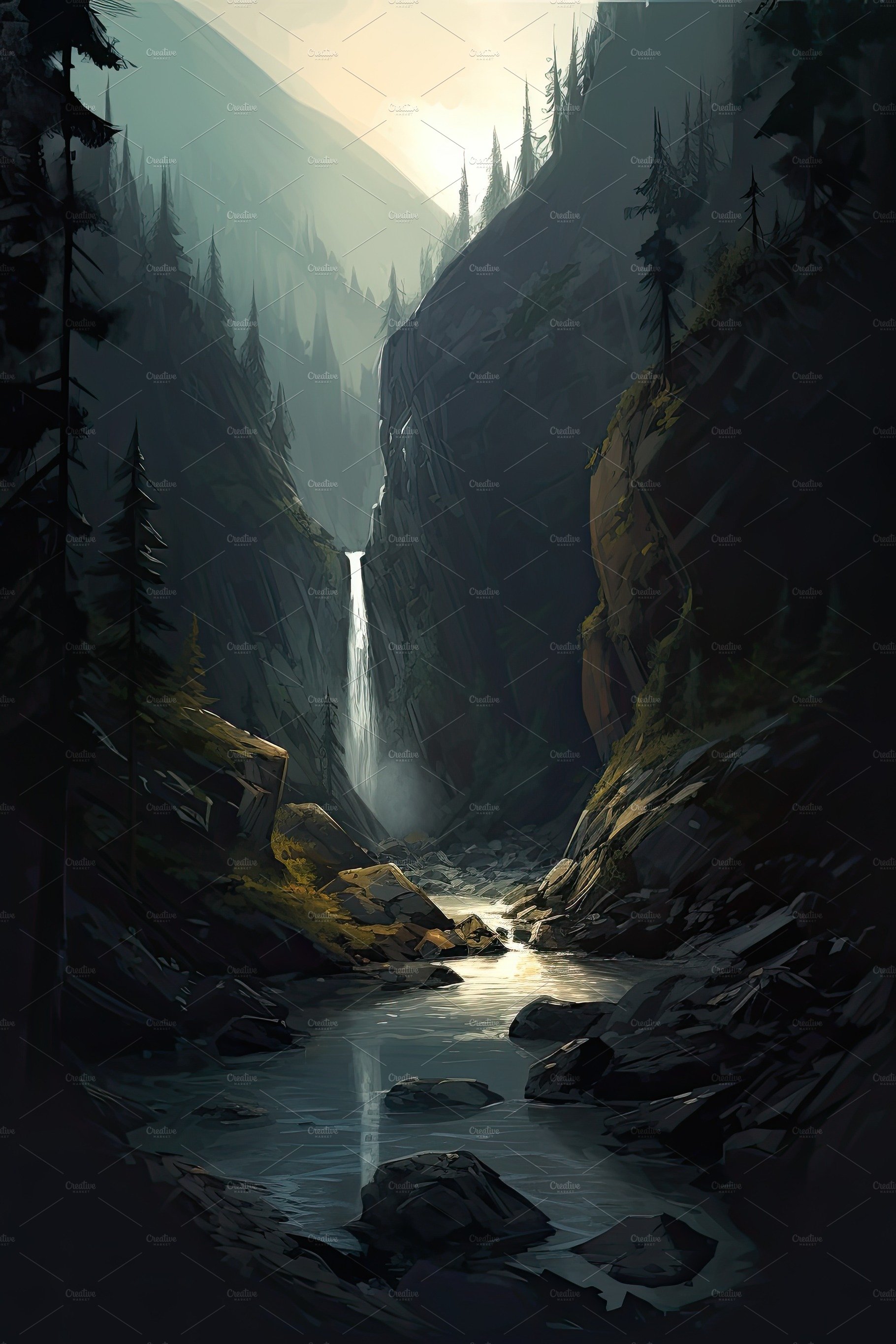 Beautiful vertical landscape with tall mountains, waterfall and a river. Ge... cover image.