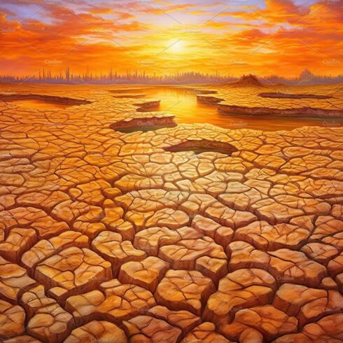 Dry land at sunset, representing drought and lack of water, climate change ... cover image.