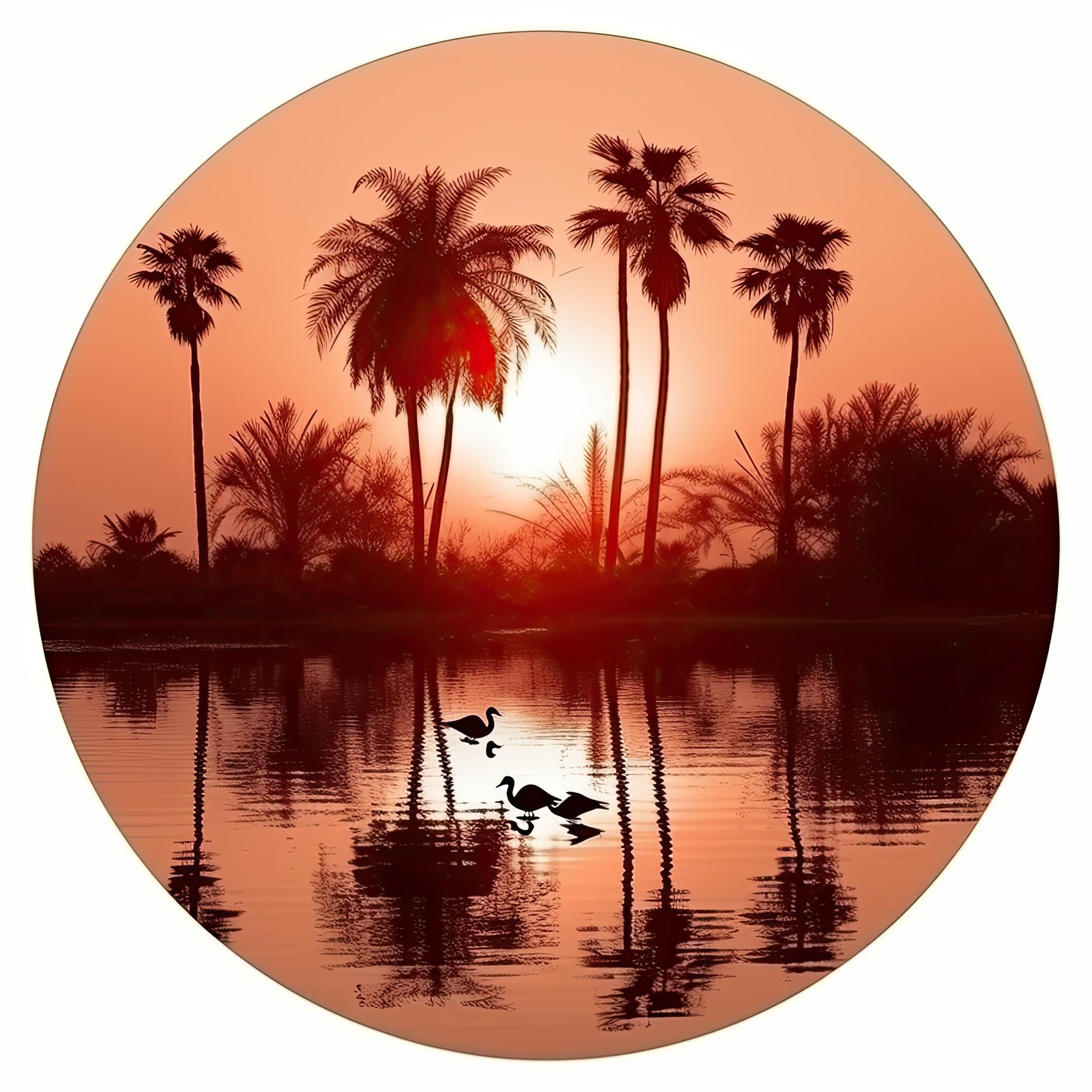 Orange sunset landscape in a circle. Evening on the beach with palm trees. ... cover image.