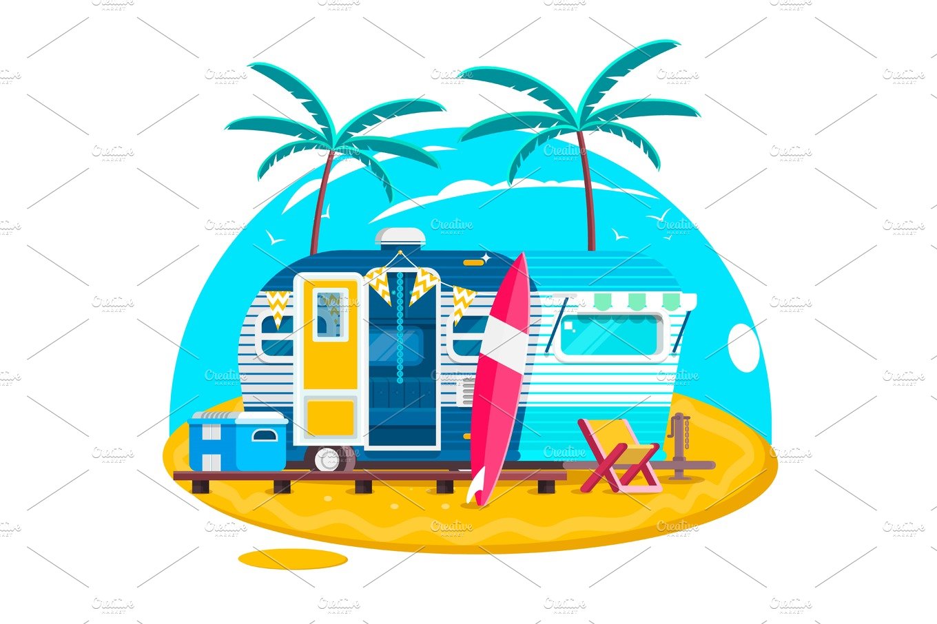 Tropical sunset. Travel Trailer Caravans. Surfing trailer with boards for s... cover image.