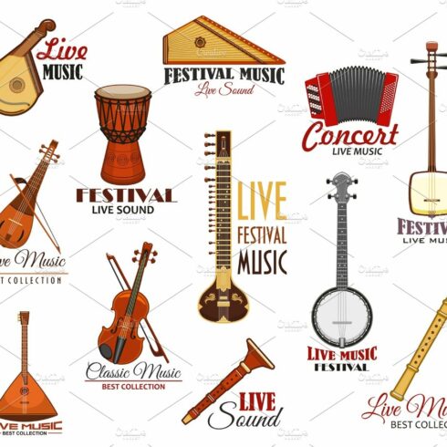 Vector icons set for live music festival concert cover image.