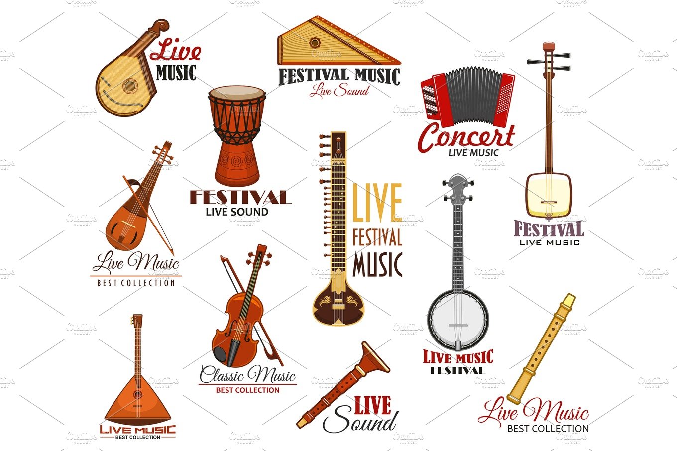 Vector icons set for live music festival concert cover image.