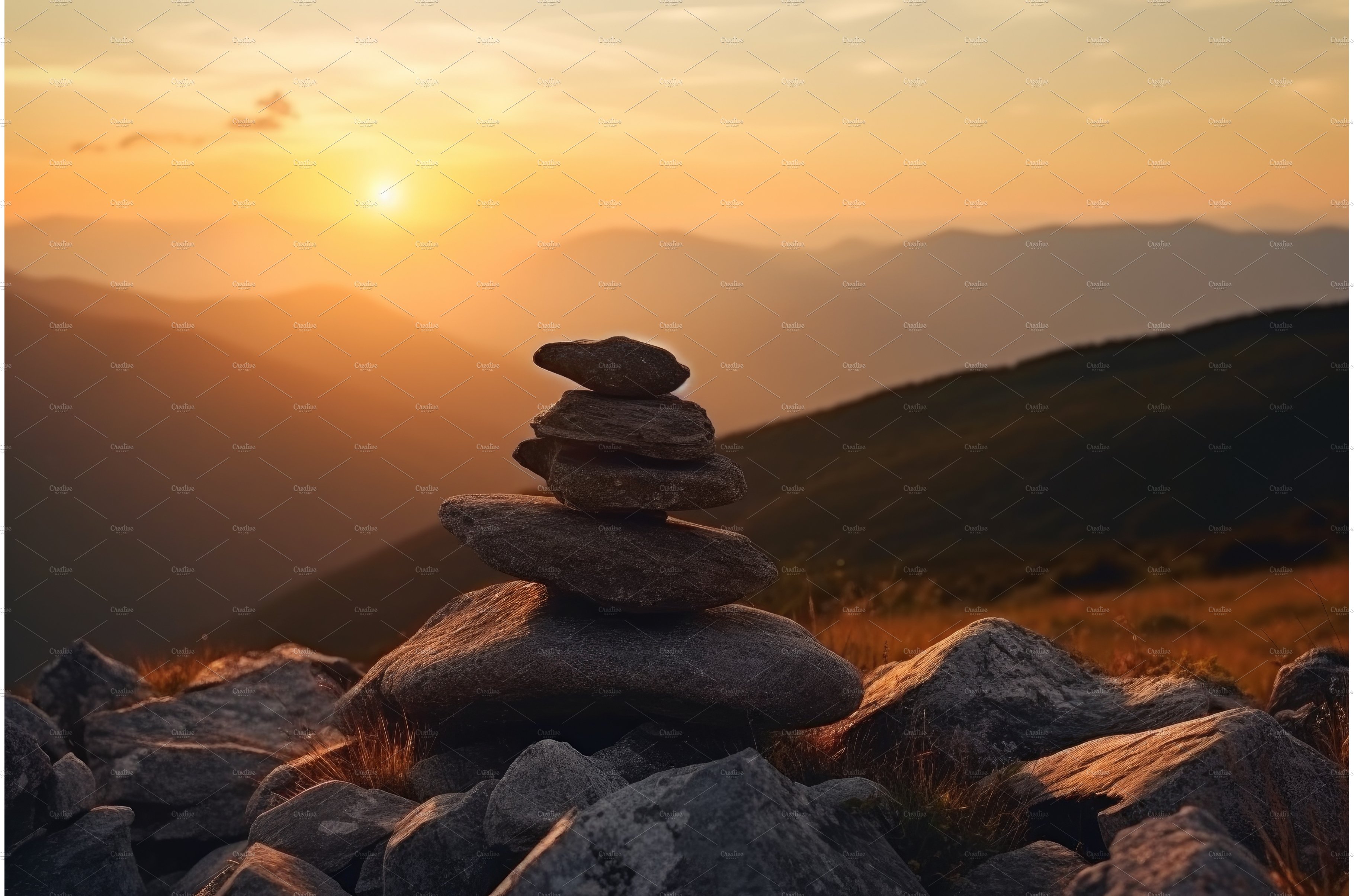 Zen stones nature sunset. Generate cover image.