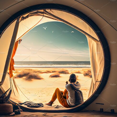 Camping on lake shore at sunset, view from inside tourist tent. Girl enjoy ... cover image.