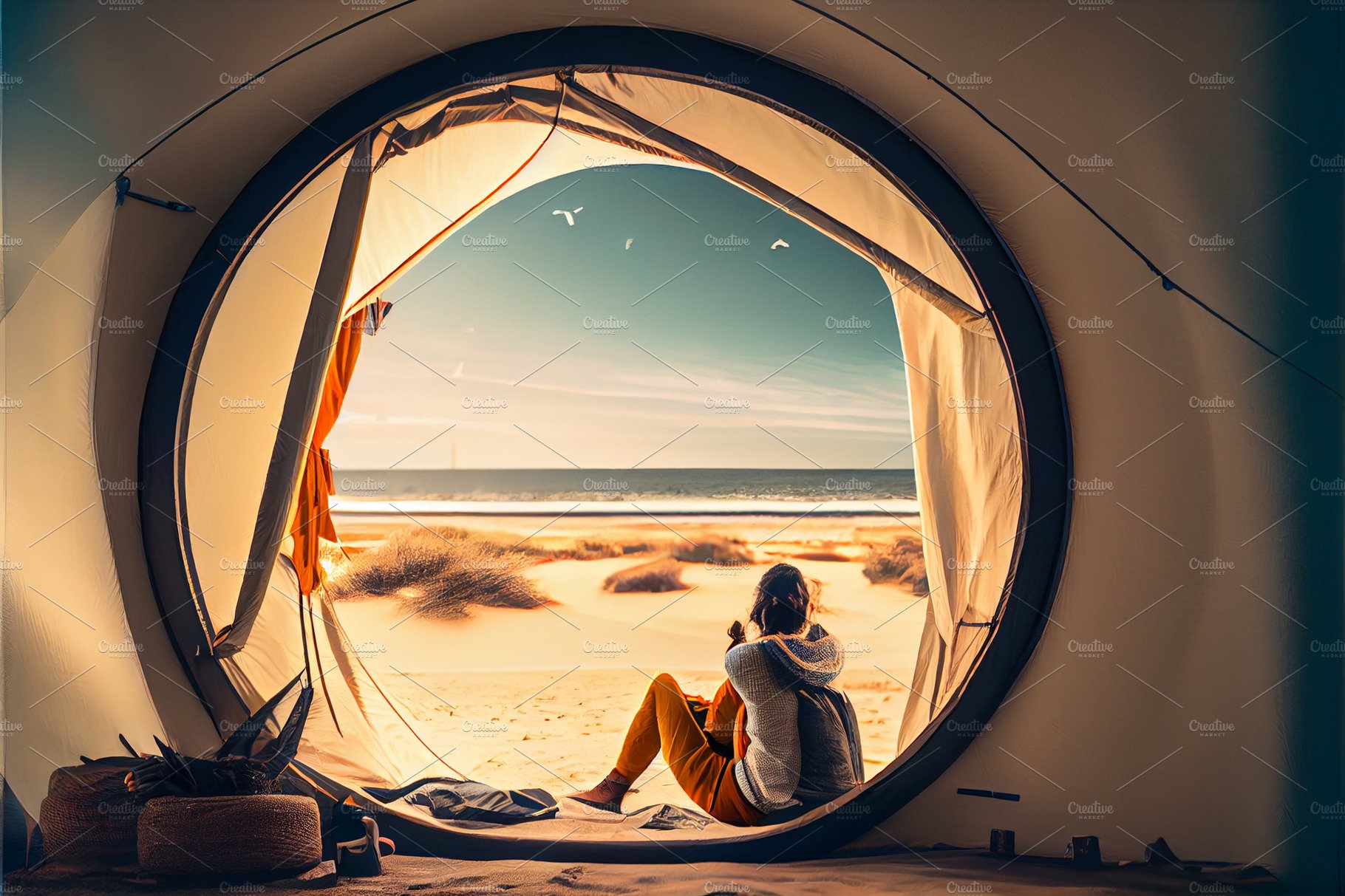 Camping on lake shore at sunset, view from inside tourist tent. Girl enjoy ... cover image.