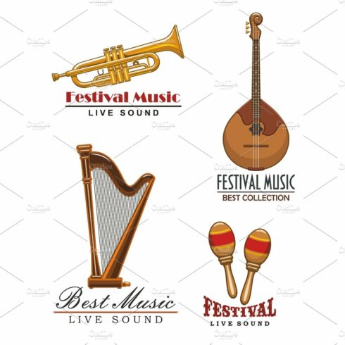 Vector music festival icons of musical instruments cover image.