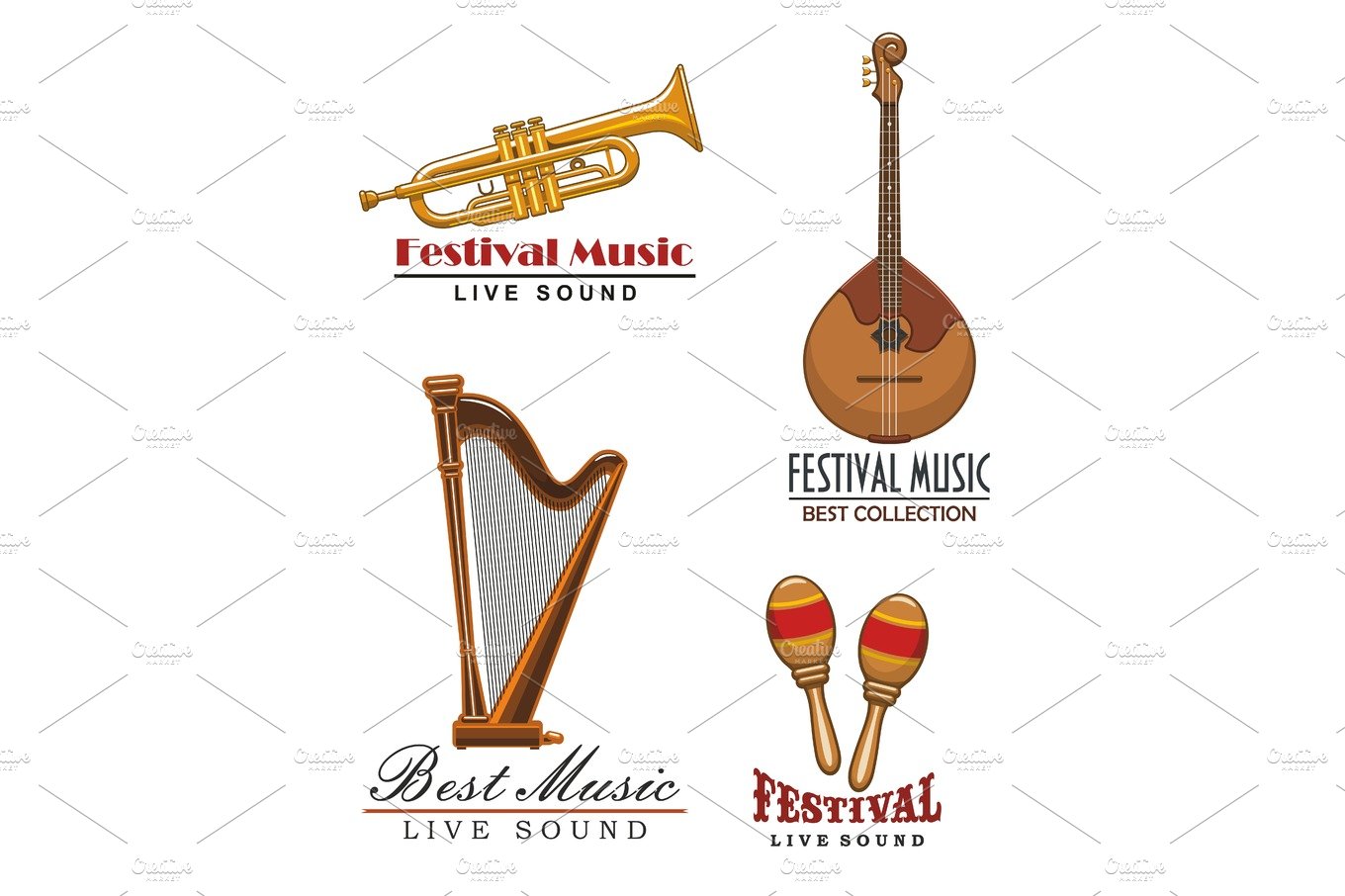 Vector music festival icons of musical instruments cover image.