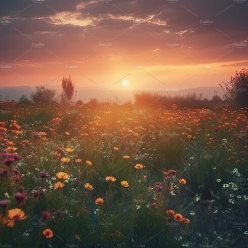 Amazing sunset over a beautiful landscape covered of flowers. Generative AI cover image.