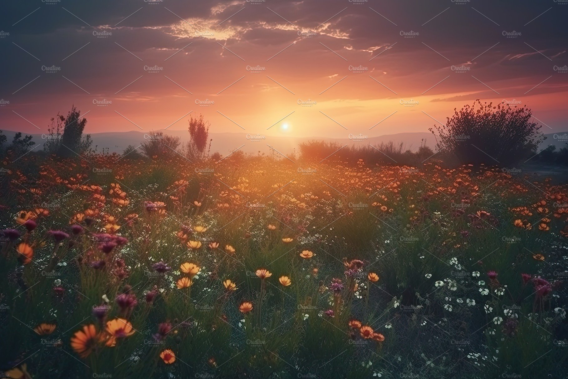 Amazing sunset over a beautiful landscape covered of flowers. Generative AI cover image.