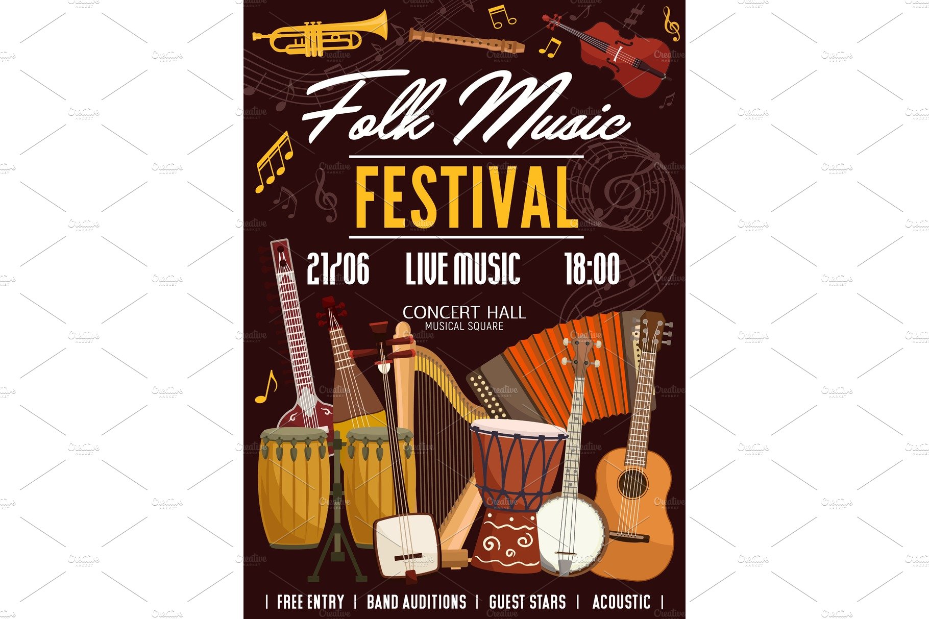 Folk music festival, instruments cover image.