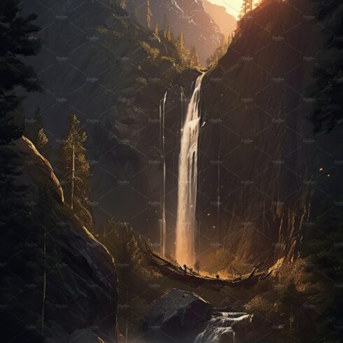 Beautiful vertical landscape with tall mountains, waterfall and a river. Ge... cover image.