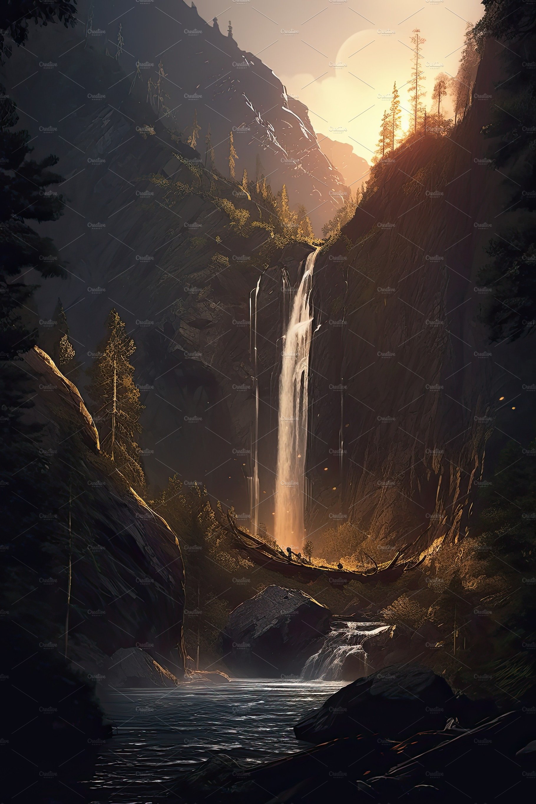 Beautiful vertical landscape with tall mountains, waterfall and a river. Ge... cover image.