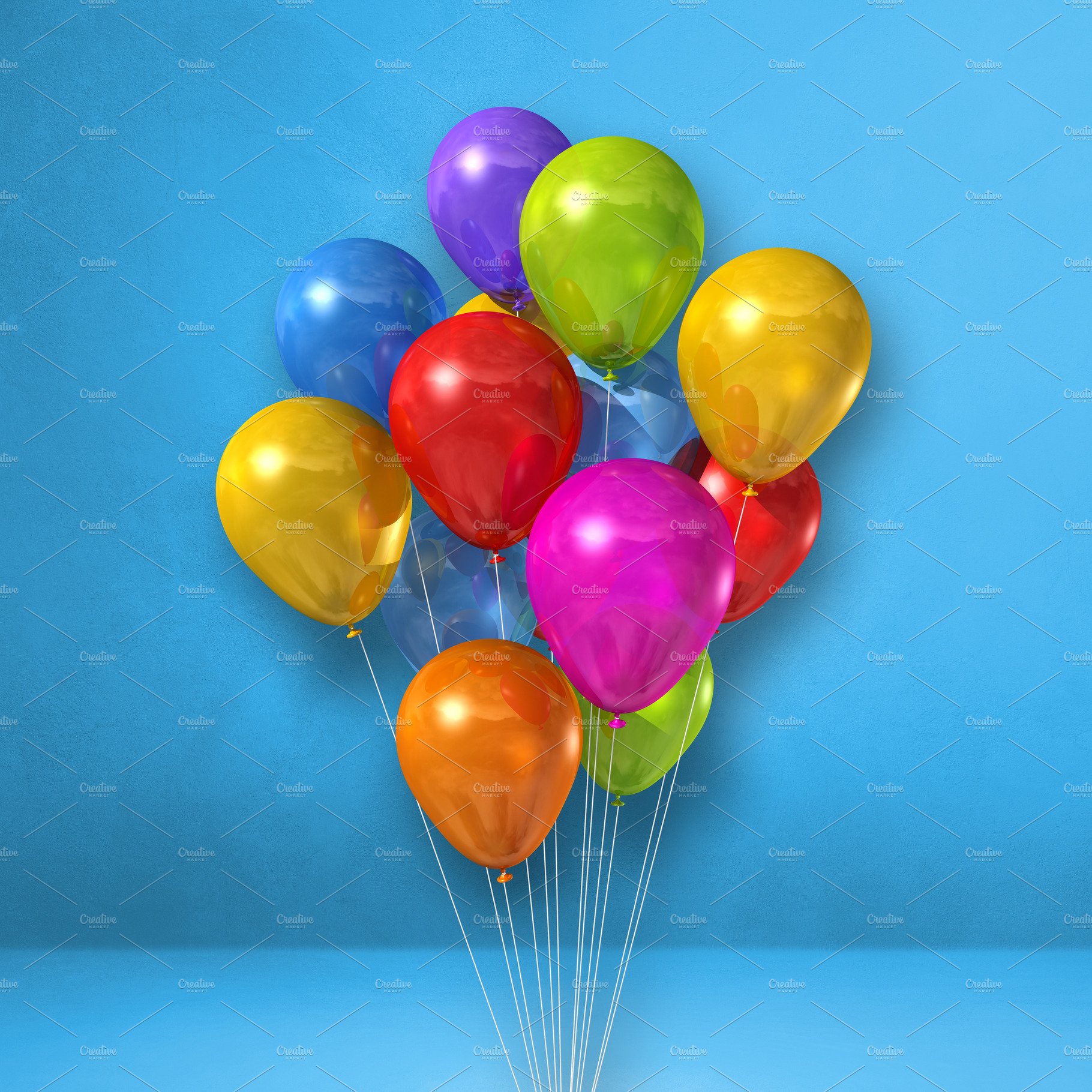 Colorful balloons bunch on a blue wall background cover image.