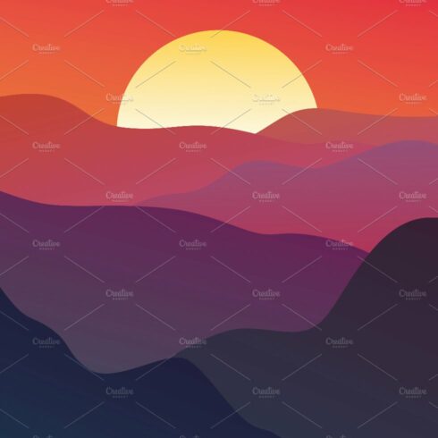 Sunset over mountains, flat style cover image.