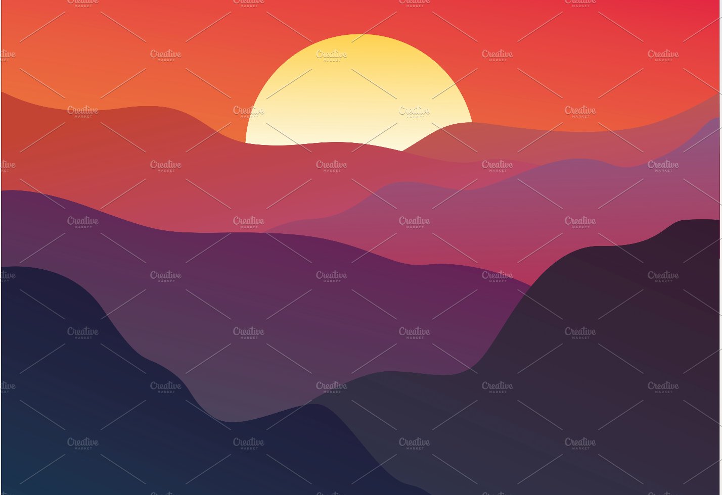 Sunset over mountains, flat style cover image.