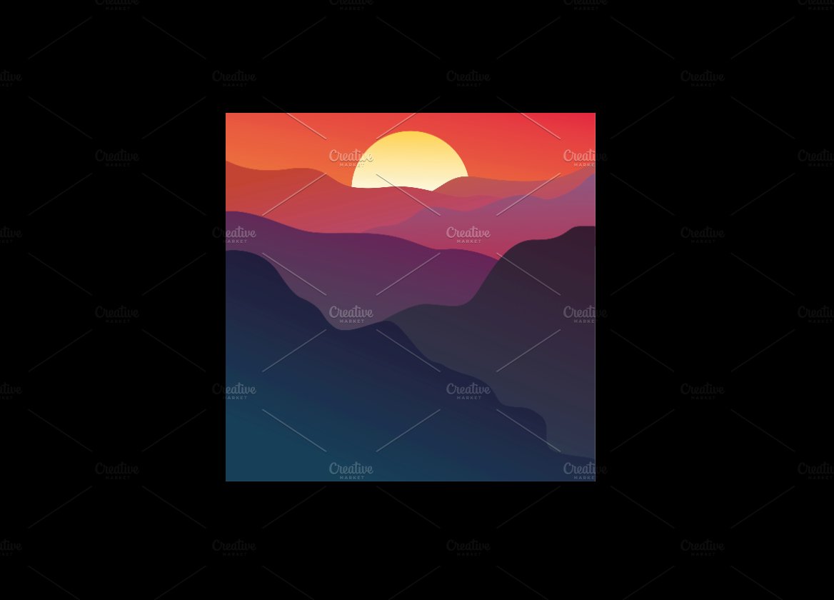 Sunset over mountains, flat style preview image.