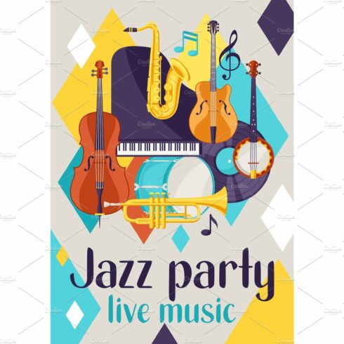 Jazz party live music retro poster with musical instruments cover image.