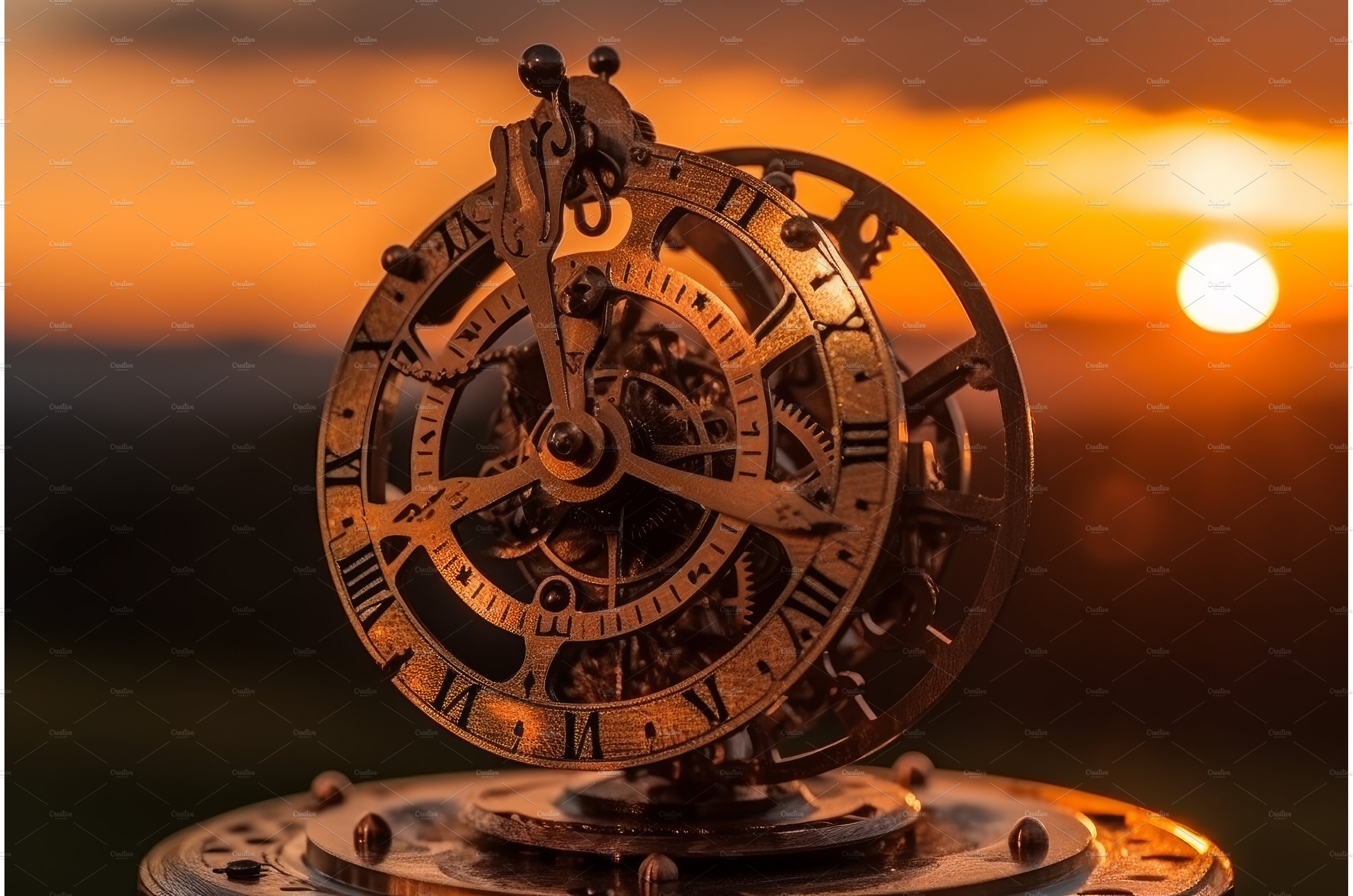 Zodiac clock at sunset. Generate Ai cover image.