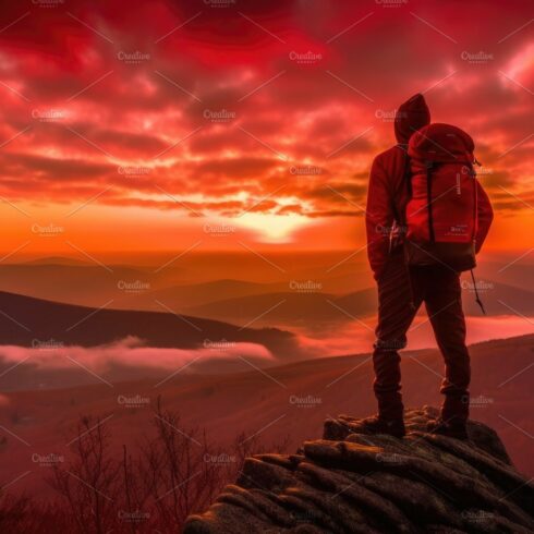 The man atop the red mountain gazed at the setting sun and orang cover image.