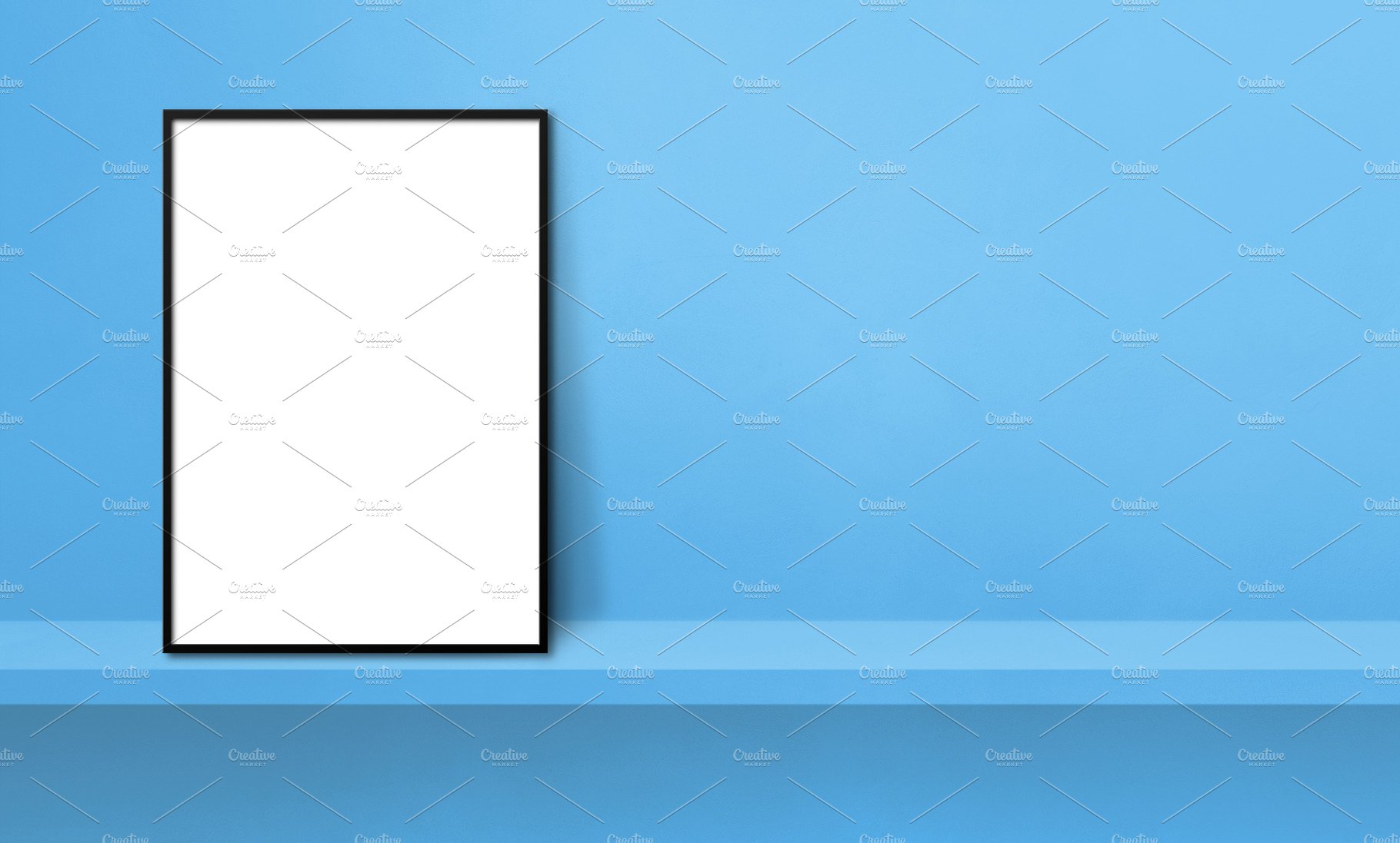 Black picture frame leaning on a blue shelf. 3d illustration. Ho cover image.