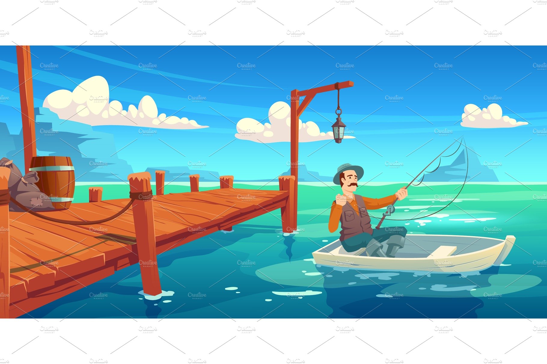 Lake with wooden pier and fisherman cover image.