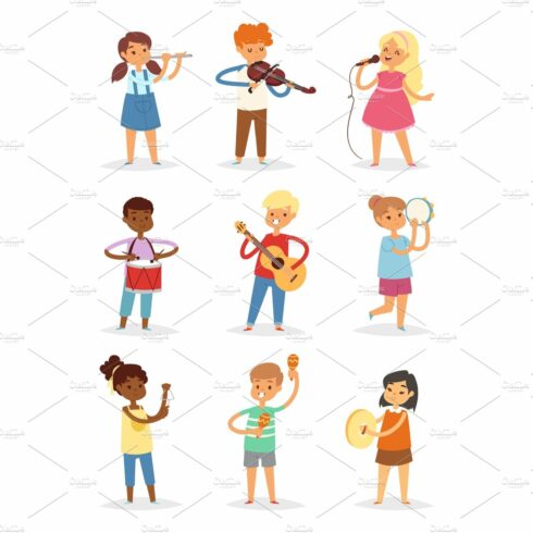 Music kids vector cartoon characters set of children singing or playing mus... cover image.