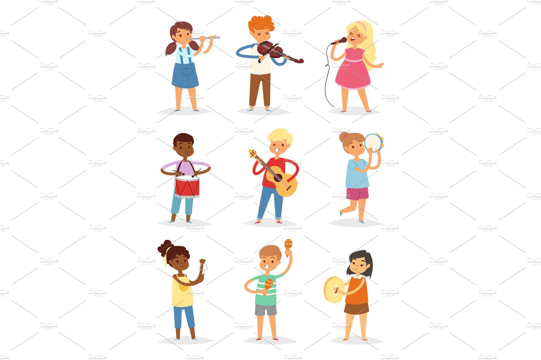 Music kids vector cartoon characters set of children singing or playing mus... cover image.