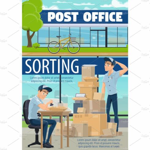 Mailman sorting mail in office cover image.