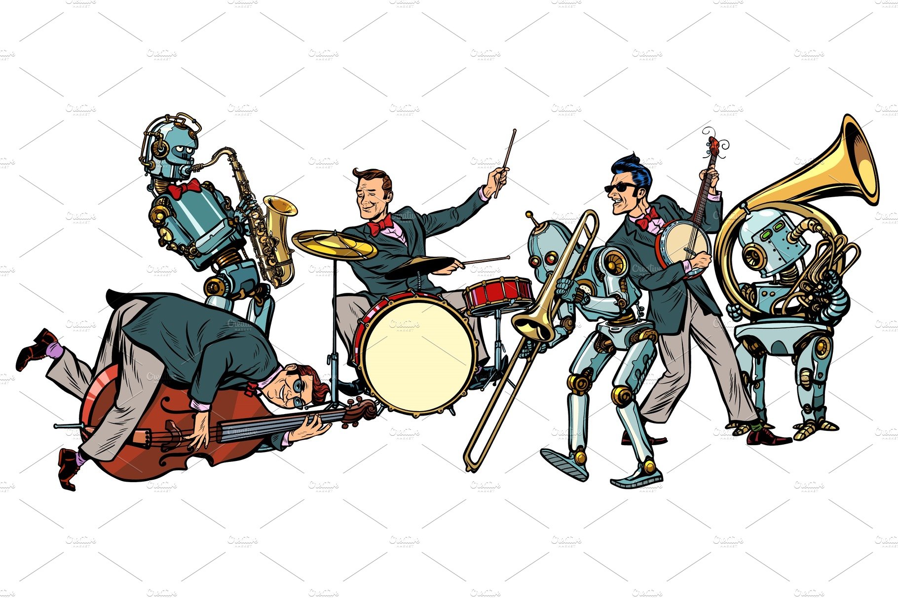 futuristic jazz orchestra of humans and robots, isolated on whit cover image.