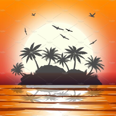 Silhouette of palm tree on beach. cover image.